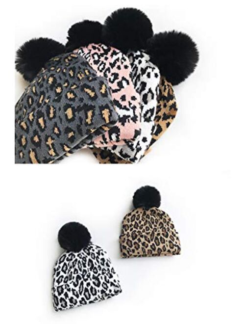 Children Knitted Leopard Hat with Fur Ball Kids Beanie Cap Autumn Winter Warm Baby Hats for Boys Girls Gray(Fast delivery)