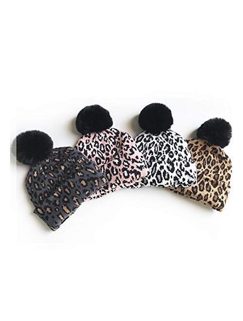 Children Knitted Leopard Hat with Fur Ball Kids Beanie Cap Autumn Winter Warm Baby Hats for Boys Girls Gray(Fast delivery)