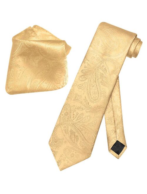 Vesuvio Napoli Gold Color PAISLEY NeckTie & Handkerchief Matching Neck Tie Set