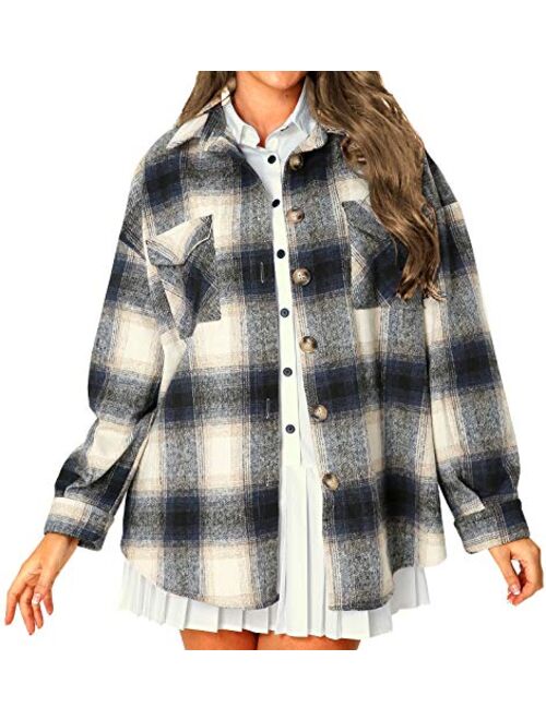 Womens Casual Oversize Label Button Down Long Sleeve Blend Wood Plaid Shacket Jacket Coat