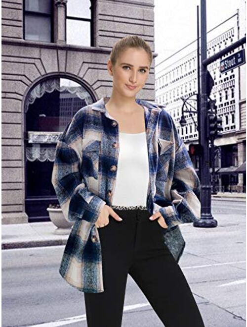 Women‘s Casual Oversize Label Button Down Long Sleeve Blend Wood Plaid Shacket Jacket Coat 