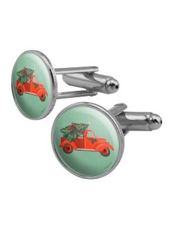 Old Timey Christmas Red Truck and Tree Round Cufflink Set Silver Color