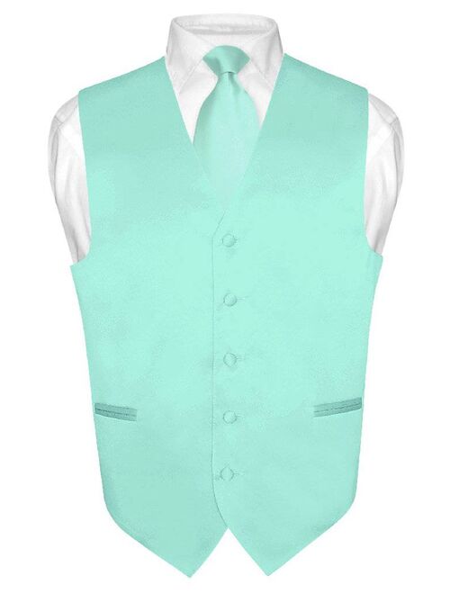 Vesuvio Napoli Men's Dress Vest & NeckTie Solid AQUA GREEN Color Neck Tie Set for Suit or Tux