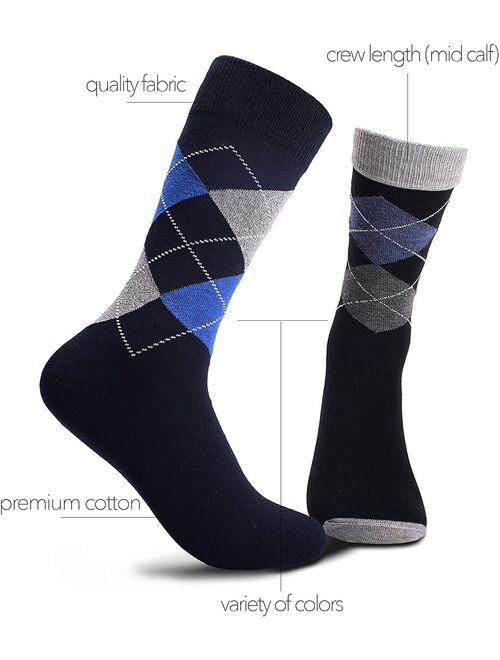Dress Socks for Men- 5 Pack Mens Argyle Black or Solid Premium Cotton- Mid Calf