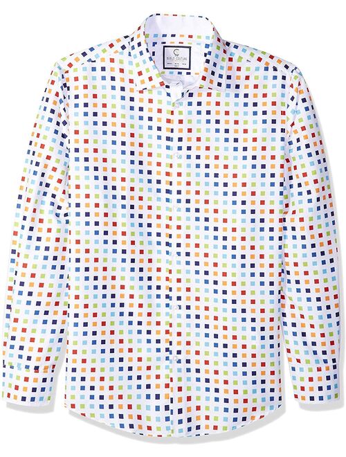 Azaro Uomo Men's Long Sleeve Dress Shirt Casual Button Down Slim Fit, Light Squares, L