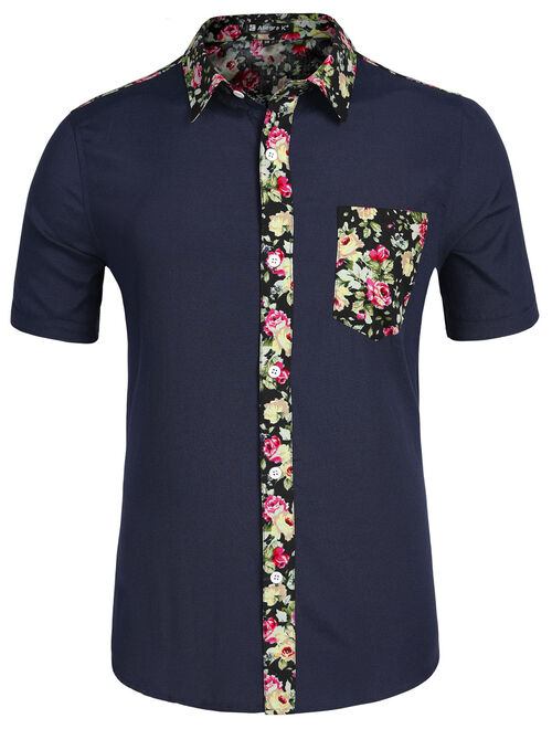 Unique Bargains Men Summer Floral Print Pocket Short Sleeve Button Hawaiian Shirt