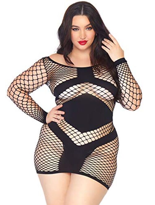 Leg Avenue Women's Plus Size Sexy Diamond Fish Fishnet Mini Dress with Panel Accents, Black