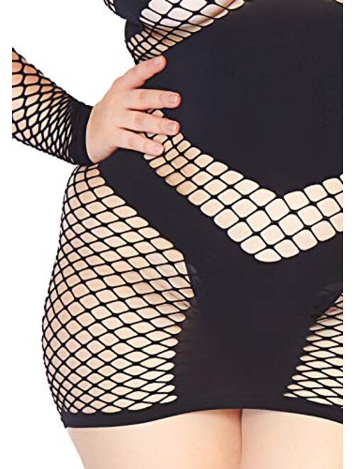 Leg Avenue Women's Plus Size Sexy Diamond Fish Fishnet Mini Dress with Panel Accents, Black