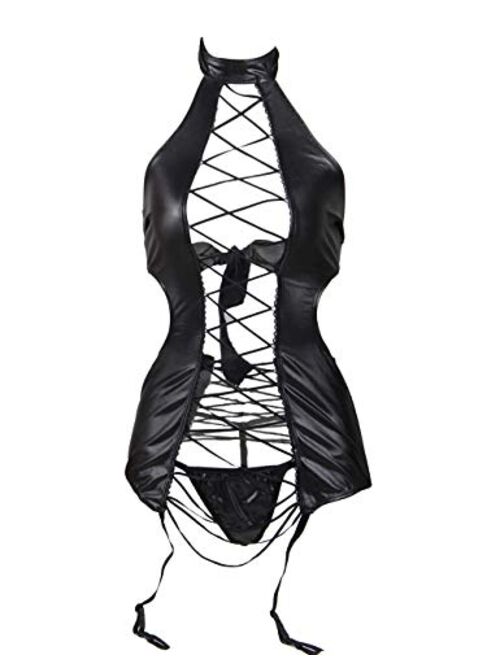 ohyeah Women Black Faux Leather Lingerie Bodysuit Plus Size Teddy with Garter Belt Hot Clubwear