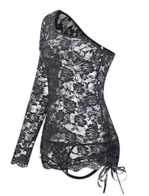 Sexy Plus Size Lingerie Long Sleeve One Shoulder Chemise Lace Babydoll Night Bodycon Mini Dress for Women