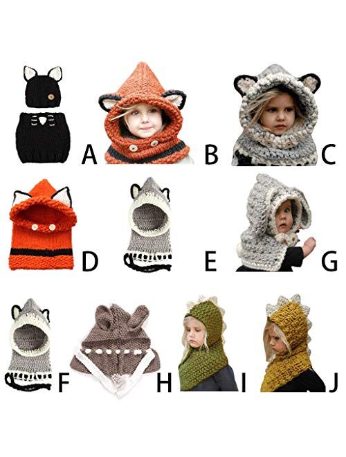 Gymqian 1/Piece Kids Hat Siamese Knitted Hat Hood Scarf Winter Crochet Wrap Cartoon Animal Skull Cap Comfortable to Wear/G# Gray