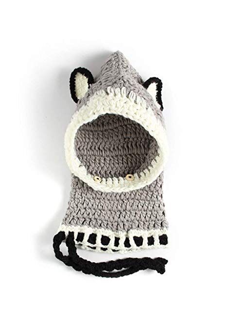 Gymqian 1/Piece Kids Hat Siamese Knitted Hat Hood Scarf Winter Crochet Wrap Cartoon Animal Skull Cap Comfortable to Wear/G# Gray