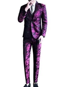 MOGU Mens 3 Piece Rose Floral Print 1 Button Suit Modern Blazer Jacket & Trousers & Vest