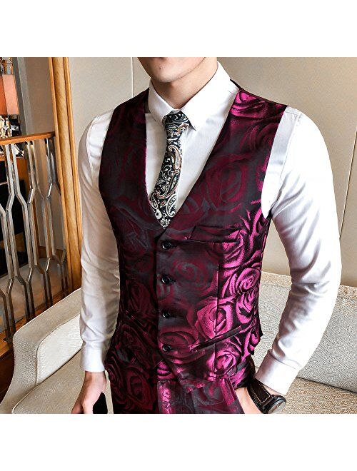 MOGU Mens 3 Piece Rose Floral Print 1 Button Suit Modern Blazer Jacket & Trousers & Vest