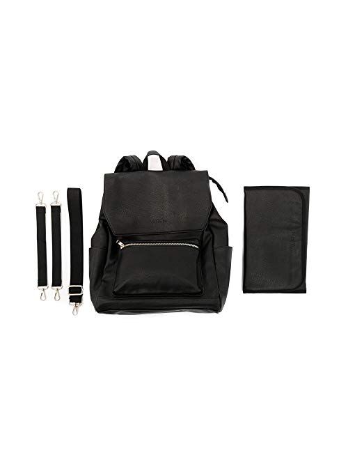 WREN BAG Diaper Bag Backpack - 15 Pockets - Wipeable Premium Vegan Leather w/Changing Mat and USB Charging Port - White/Cognac