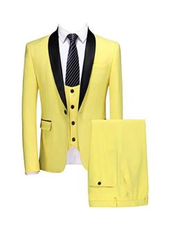 MOGU Mens 3 Piece Shawl Lapel One Button Yellow Suits Blazer + Pants + Vest