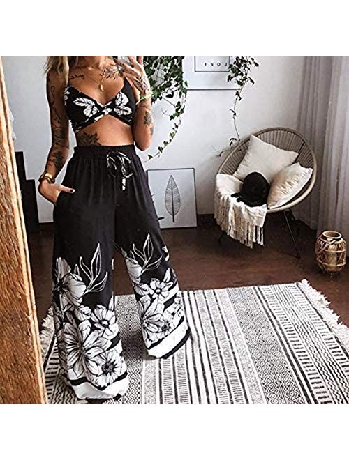 Women Boho Outfits-Summer Lady Bohemian Butterfly Printed Pattern Tops + Long Beach Pants 2Pcs Set