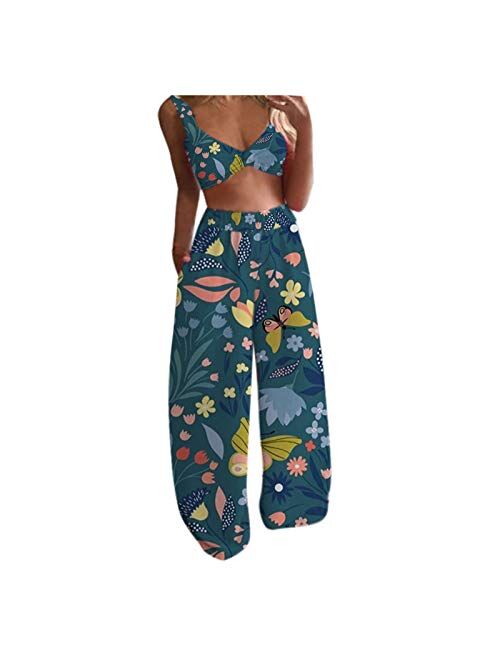 Women Boho Outfits-Summer Lady Bohemian Butterfly Printed Pattern Tops + Long Beach Pants 2Pcs Set