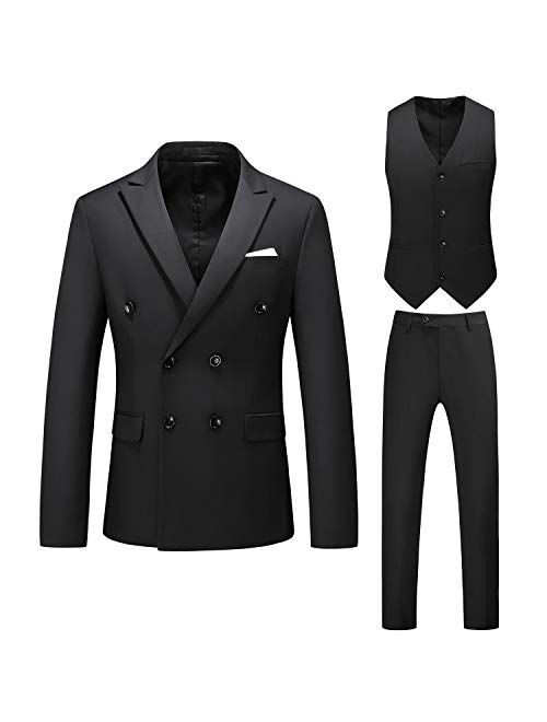 MOGU Mens 3 Piece Double Breasted Suits Slim Fit Notch Lapel Solid Color Prom Tuxedo (Blazer + Pants + Vest)