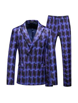 MOGU Men Suits 2 Piece Slim Fit Double-Breasted Blazers Printed Color Notch Lapel Jacket Pants Sets for Prom Wedding Party