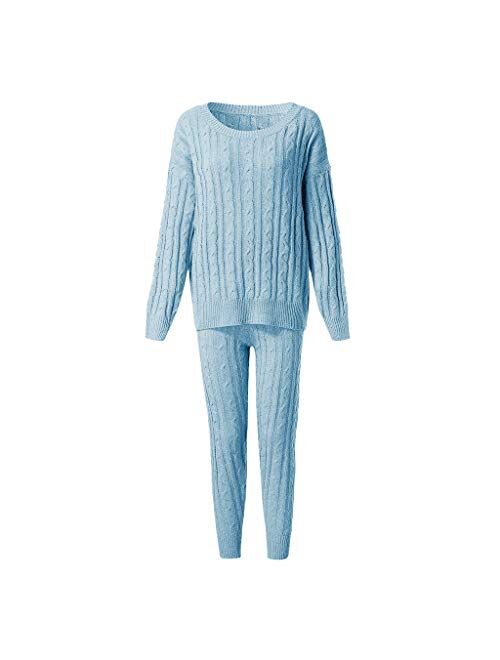 Gift for Women Ladies,Womens Ladies Solid Round Neck Cable Knitted Warm 2PC Loungewear Suit Sets Casual Wear
