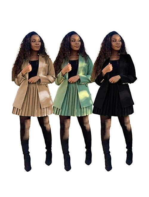 Fashion Women Blazer Pleated Skirt Set Long Sleeve Office Lady Solid Color Two Piece Suit Business Plus Size
