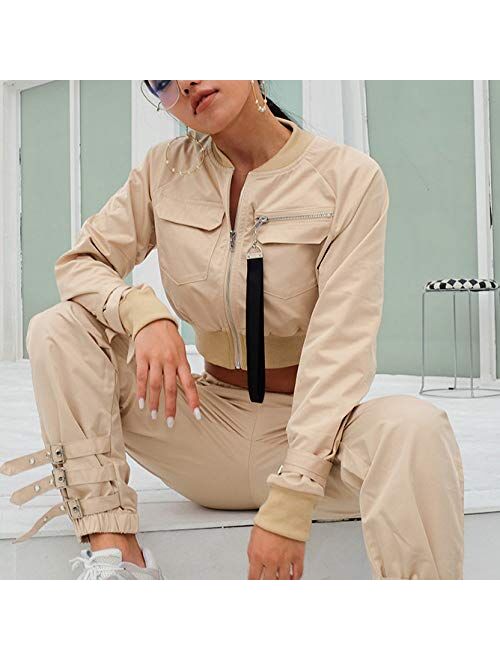 Women Suit Crop Tops Pants Work Suits Two Piece Set Office Lady Casual Buckle Long Sleeves Blazer Jacket and Pant