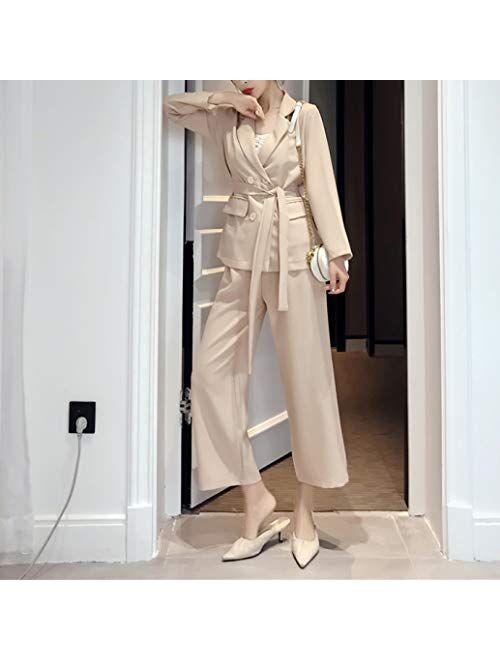 Women Elegant Lace Up Long Pant Notched Long Sleeves Blazer Jacket Office Wear Formal Work Suits Two Piece Suit Sets
