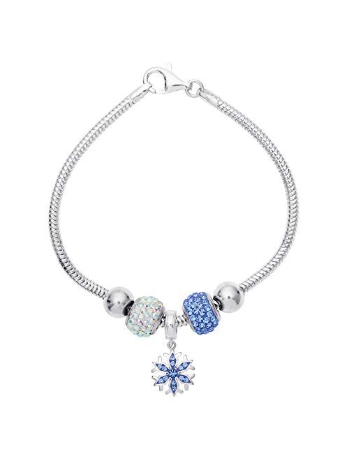 Disney Frozen Snowflake and Crystal Beads Sterling Silver Bundle Bracelet, 7.5”