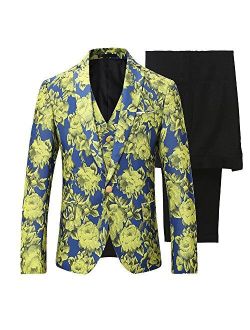 Mens 3 Piece Suit Notched Lapel Floral One Button Stylish Blazer&Pants&Vest Set