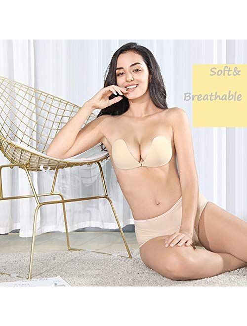Whifenny Adhesive Sticky Bra Backless Strapless Stick on Bra Push Up No Show Invisible Silicone Lift Tape for Women Dress
