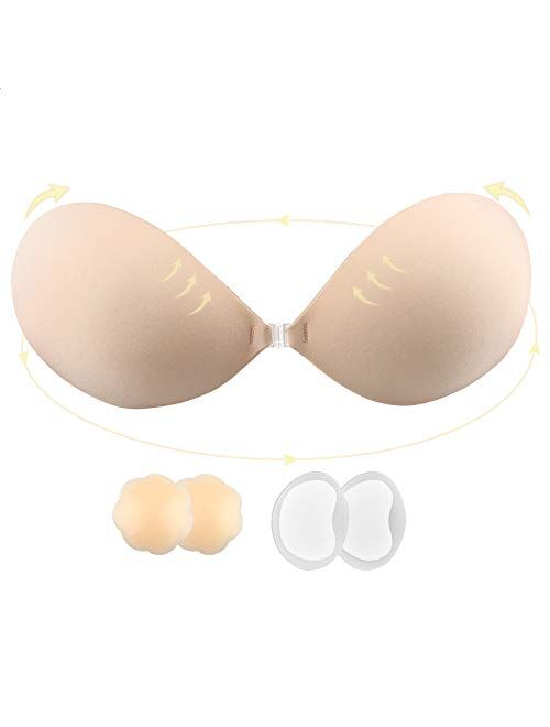lalaWing Sticky Bra Strapless Adhesive Fabric Bra Invisible Push-up Bra for Women with Pull-up Nipple Covers