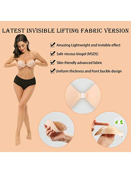 lalaWing Sticky Bra Strapless Adhesive Fabric Bra Invisible Push-up Bra for Women with Pull-up Nipple Covers
