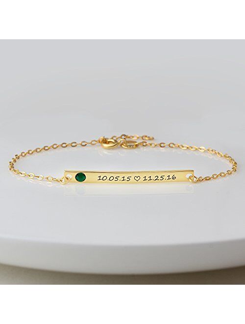 LONAGO Personalized Name Plate Gold Bar Bracelet with Simulated Birthstone Inspirational Gift Handmade Customized Engraved Initial ID Coordinates Charm