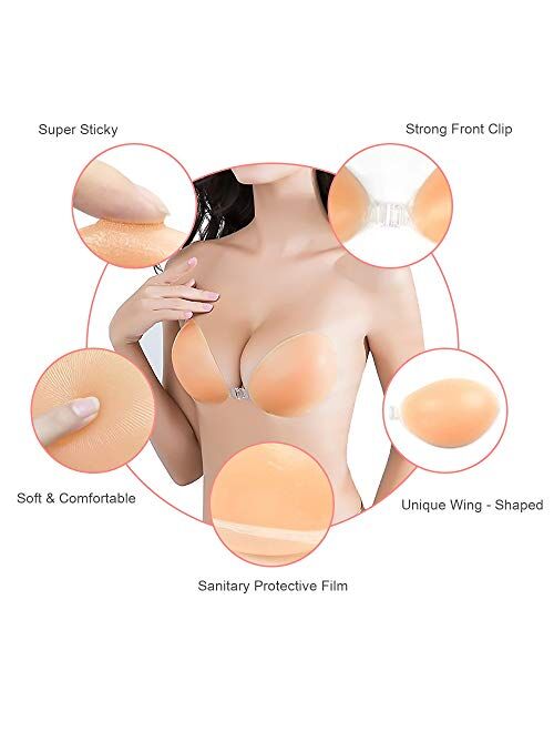 Shiningqueen Adhesive Bra, Silicone Sticky Strapless Bra Reusable Invisible Push Up Bra