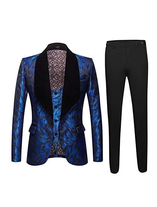 Cloudstyle Mens 3 Piece Tux Suit Slim Fit Jacquard Party Suits 1 Button Print Dress Outfit