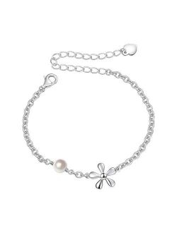 SILVER MOUNTAIN S925 Sterling Silver Jewelry Flower Charm with Freshwater Cultured Pearl Adjustable Chain Link Bracelet Gift For Teen Girls, Little Girls, Children