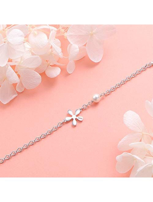 SILVER MOUNTAIN S925 Sterling Silver Jewelry Flower Charm with Freshwater Cultured Pearl Adjustable Chain Link Bracelet Gift For Teen Girls, Little Girls, Children