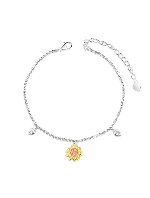 zaxsj Sunflower Ladybug Ring Bracelet Anklet Earrings Set: S925 Sterling Silver I Love You Forever Summer Jewelry Gifts for Women Girls