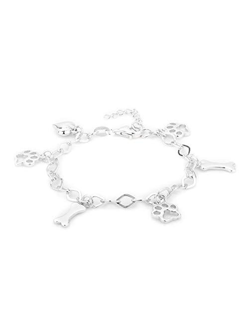 Vanbelle Sterling Silver Jewelry Hanging Multi Dog Paw and Bones Bracelets with Rhodium Plating for Women and Girls