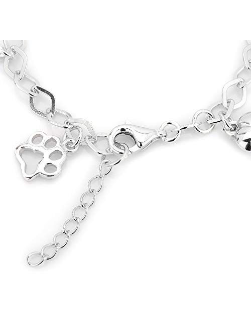 Vanbelle Sterling Silver Jewelry Hanging Multi Dog Paw and Bones Bracelets with Rhodium Plating for Women and Girls