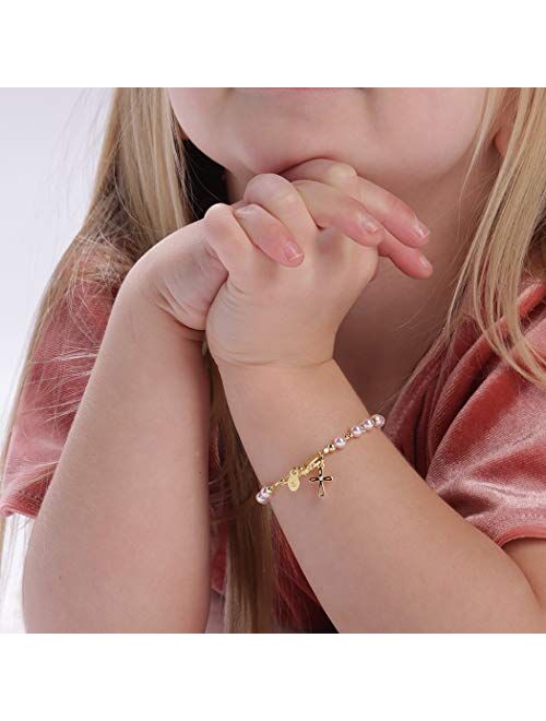 Children's 14K Gold-plated Bracelet with Pink High End Simulated Pearls and Cross Charm for Baptism, Christening or First Communion Gift for Girls