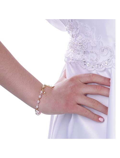 Children's 14K Gold-plated Bracelet with Pink High End Simulated Pearls and Cross Charm for Baptism, Christening or First Communion Gift for Girls