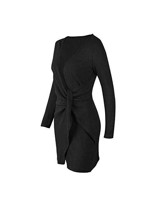 Carprinass Women's Wrapped Top Long Sleeve V Neck Surplice Knot Midi Mini Dress
