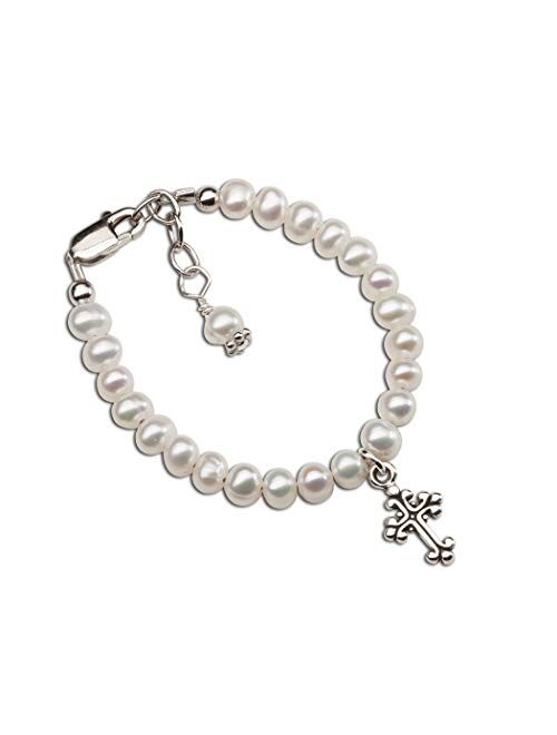 Children's Sterling Silver Cultured Pearl Bracelet with Cross for First Communion, Baptism or Christening