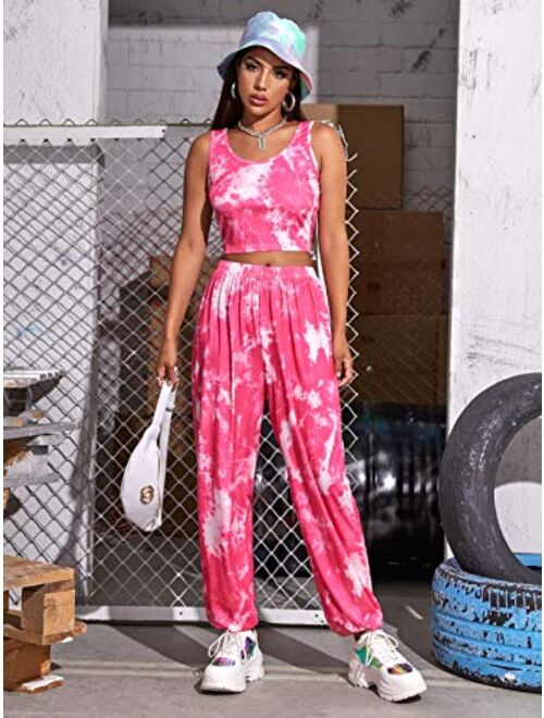 SweatyRocks Women's 2 Pieces Outfits Tie Dye Cropped Tank Top and Sweatpants Tracksuits Set