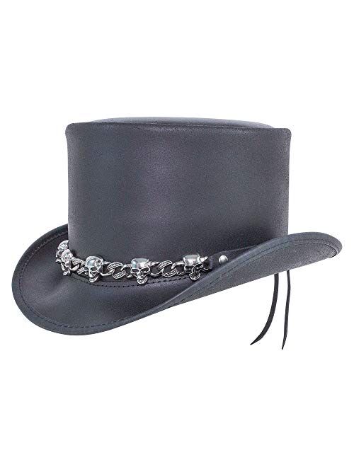 American Hat Makers El Dorado Leather Top Hat with 5 Skull Band — Handcrafted