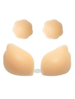 Adhesive Bra, Strapless Sticky Invisible Push up Wing-Shape Silicone Bra for Backless Dress with Nipple Covers