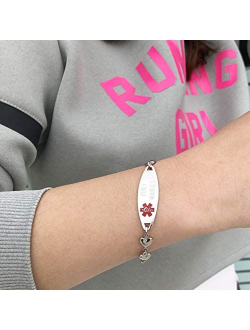 linnalove Heart Medical Alert Bracelet for Women Fashion ID Jewelry 7-8 inches Adjustable