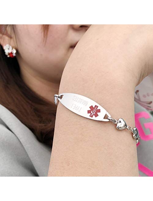 linnalove Heart Medical Alert Bracelet for Women Fashion ID Jewelry 7-8 inches Adjustable